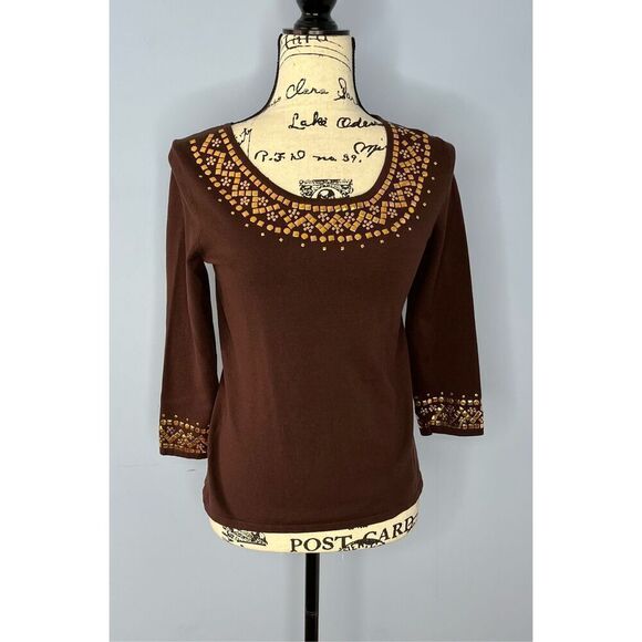 Cable & Gauge Women's Small Brown Gold Embellishment Silk Blend Tunic Top Blouse - Picture 1 of 8